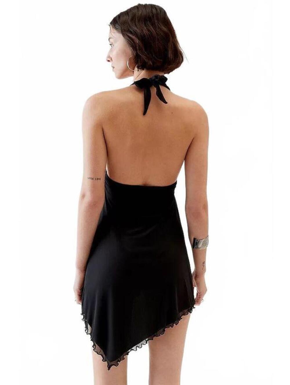 Urban Outfitters Black Mesh Asymmetrical Halter Cami Mini Dress Y2K Size M - Picture 2 of 9